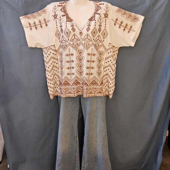 Johnny Was White Shirt with Lt. Brown Embroidery(B2) - Picture 2 of 5